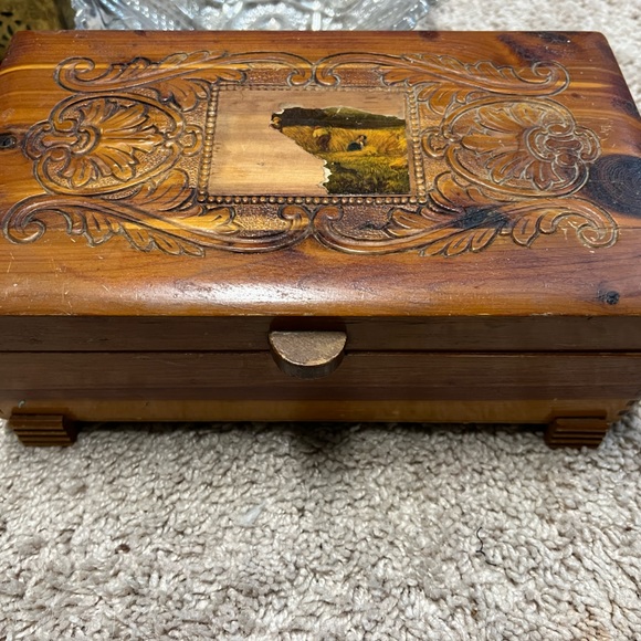 Accents Vintage 194s Cedar Chest Jewelry Box Hand Made Wood Carved
